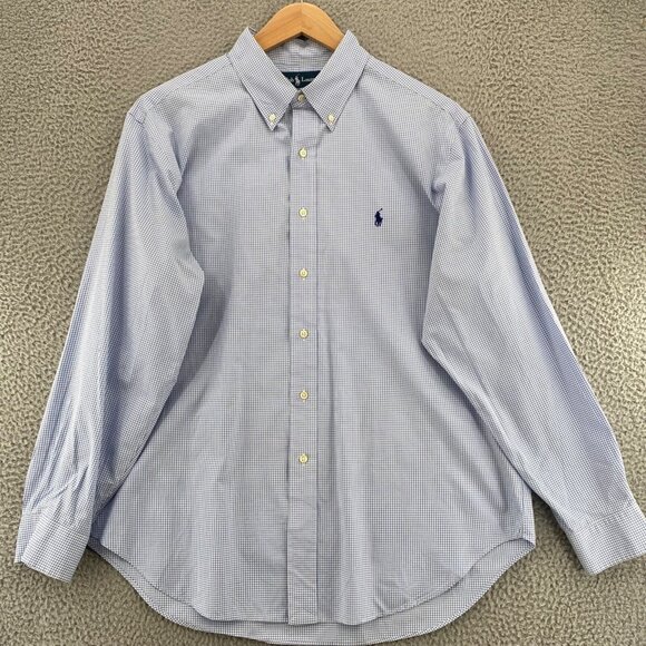 Ralph Lauren Shirt Mens 17 Blue Check Classic Fit Button Down Collar Long Sleeve - Picture 1 of 9